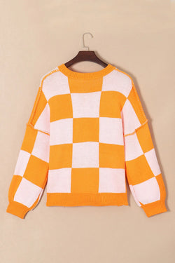 Pumpkin Checkered Round Neck Long Sleeve Sweater