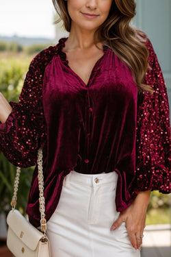 Sequin Notched Long Sleeve Blouse