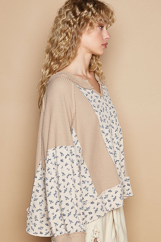 POL Waffle Knit Floral Notched Long Sleeve Top