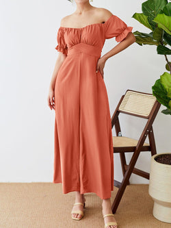 Off-Shoulder Short Sleeve Wide Leg Jumpsuit