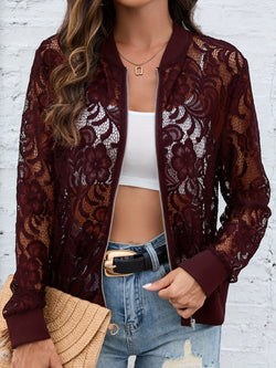 Sheer Lace Zip Up Long Sleeve Jacket