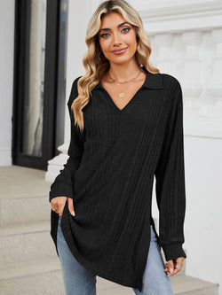 Slit Johnny Collar Long Sleeve T-Shirt