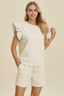 Double Take Full Size Texture Round Neck Ruffle Sleeve Top and Shorts Set