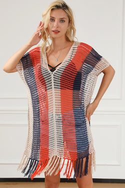 Tassel Color Block V-Neck Cover Up