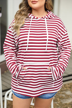 Plus Size Drawstring Striped Dropped Shoulder Hoodie