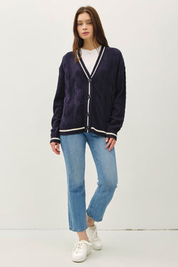 Be Cool Contrast Trim Cable-Knit V-Neck Cardigan