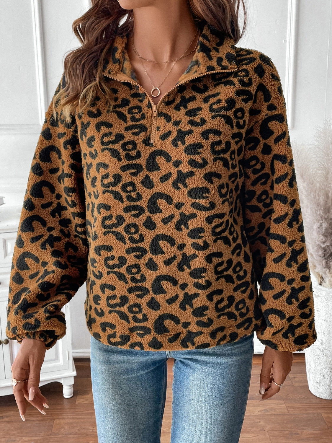 Sudadera de manga larga con media cremallera y estampado de leopardo