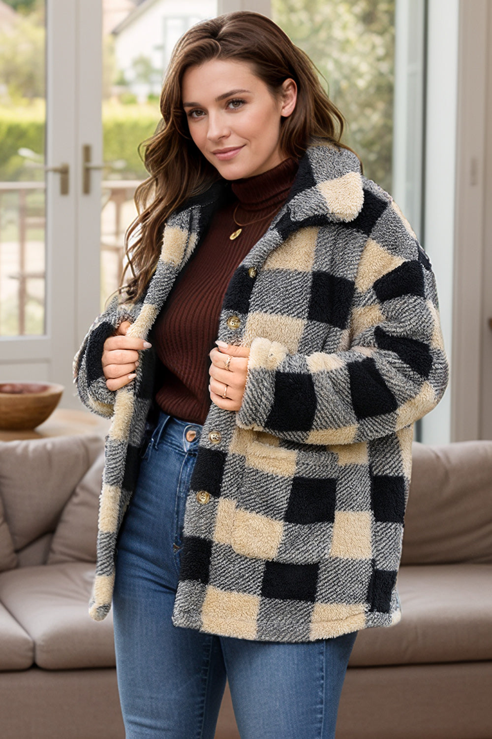 Plus Size Plaid Button Up Long Sleeve Coat