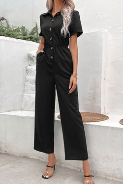 Perfee Collared Neck Short Sleeve Jumpsuit