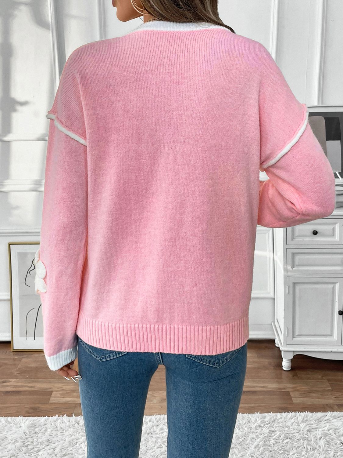 Perfee Flower V-Neck Long Sleeve Sweater