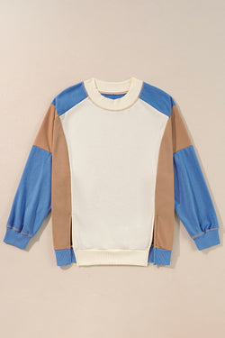 Slit Color Block Round Neck Long Sleeve Sweatshirt