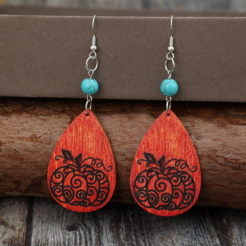 Pendientes de calabaza de madera color turquesa con forma de lágrima