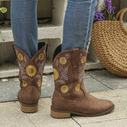 Botas de tacón de bloque con bordado de girasoles