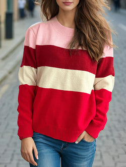 Color Block Round Neck Long Sleeve Sweater