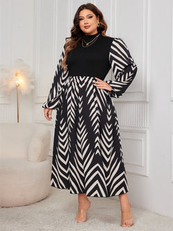 Honey Plus Size Printed Mock Neck Long Sleeve Midi Dress