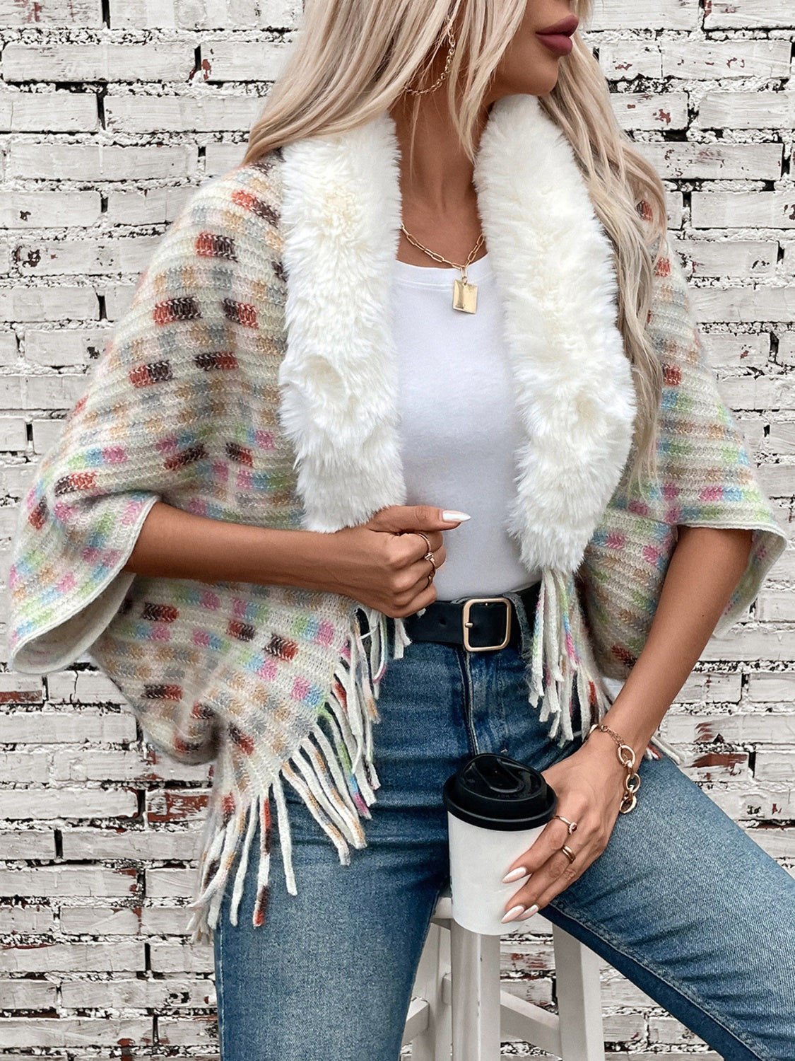 Fringe Fuzzy Open Front Poncho