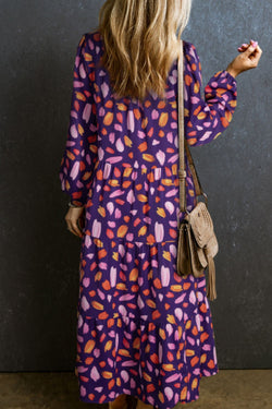 Printed Notched Long Sleeve Dress