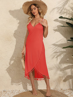 Backless Tassel Surplice Spaghetti Strap Cover Up Dress