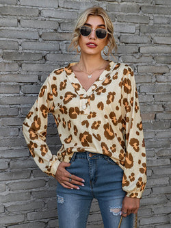 Leopard V-Neck Decorative Button Long Sleeve Blouse