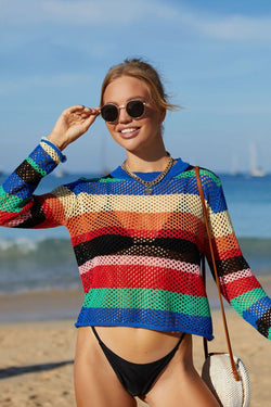 Angel Wings Rainbow Stripe Openwork Long Sleeve Cover-Up