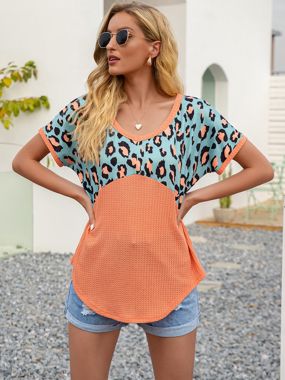 Ivy Lane Leopard Waffle-Knit Short Sleeve Top