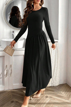 Ruched Round Neck Long Sleeve Dress