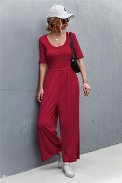 Scoop Neck Half Sleeve Wide Leg Jumpsuit