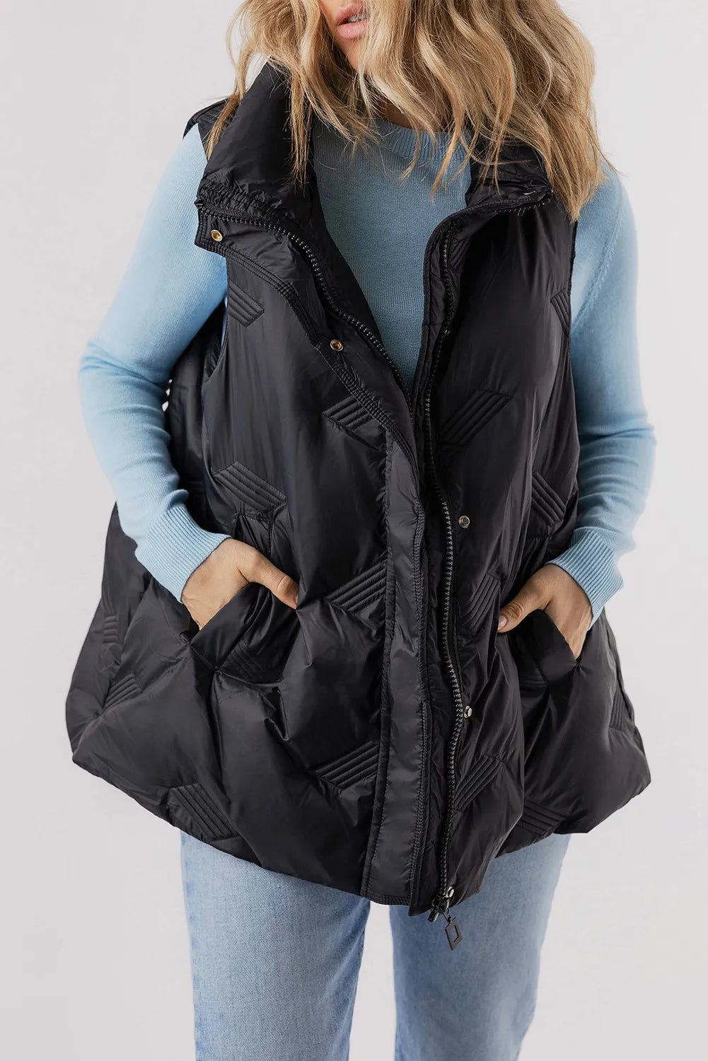 Pocketed Textured Zip Up Vest Coat