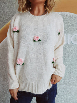 Flower Round Neck Long Sleeve Sweater