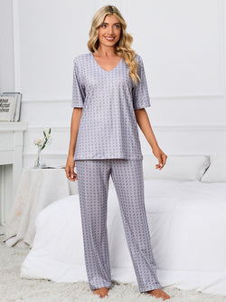 Printed V-Neck Top and Pants Lounge Set