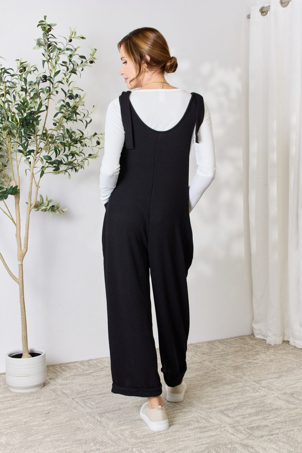 Celeste Full Size Ribbed Tie Shoulder Sleeveless Ankle Overalls