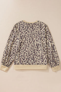 Slit Leopard Round Neck Long Sleeve Sweatshirt