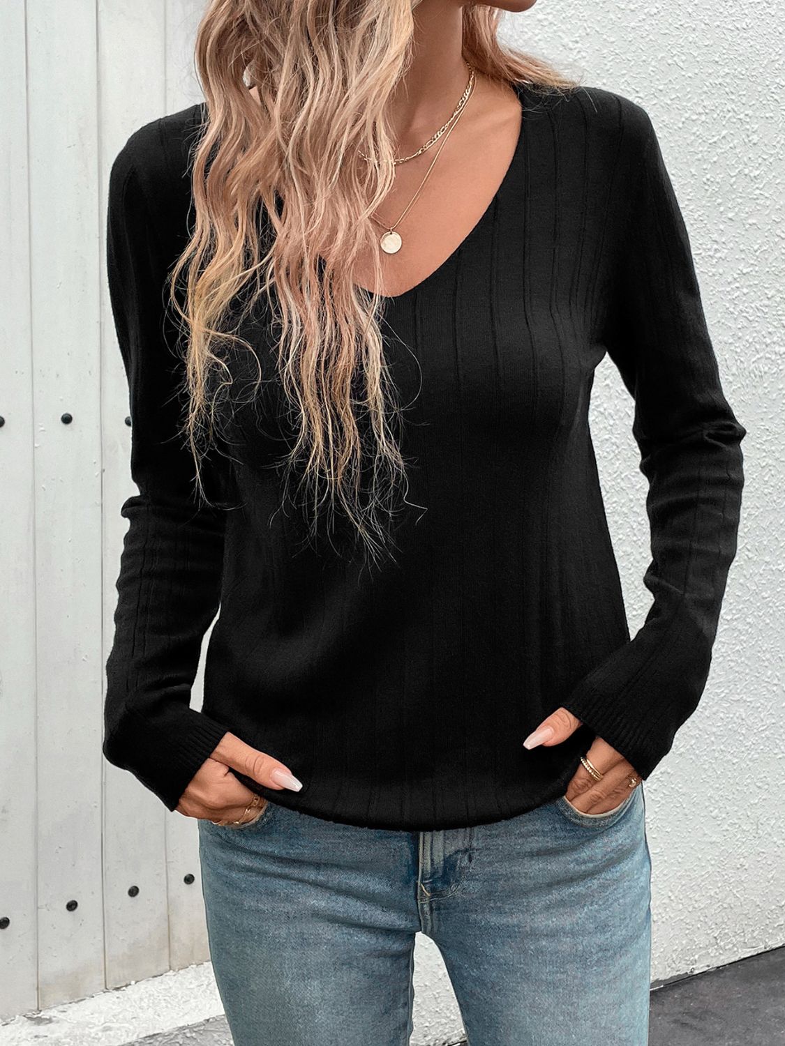 Perfee V-Neck Long Sleeve Knit Top