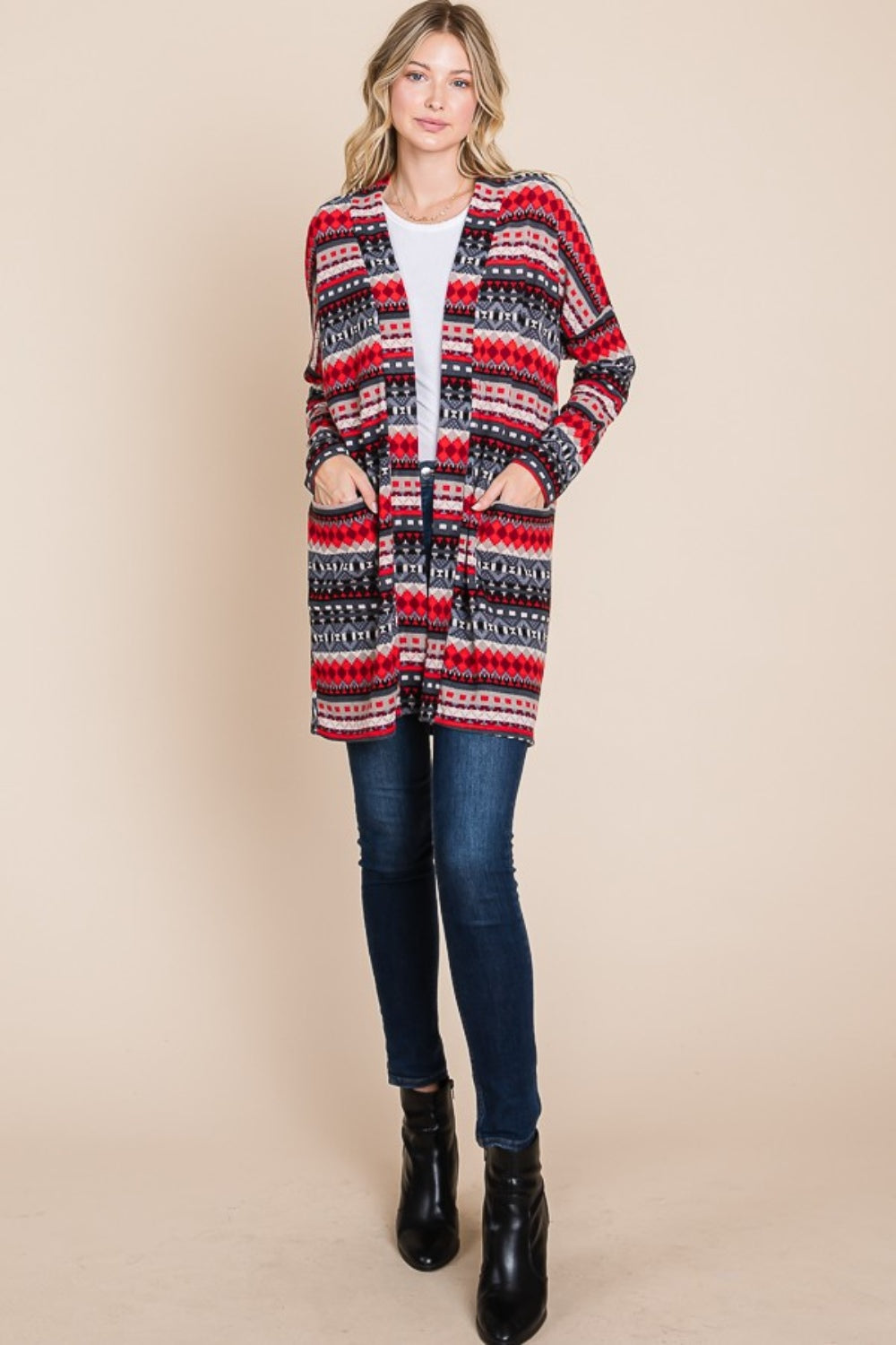 BOMBOM Geometric Open Front Long Sleeve Cardigan with Pockets