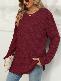 Pocketed Round Neck Long Sleeve T-Shirt