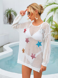 Angel Wings Sequin Star Round Neck Long Sleeve Cover Up