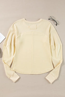 Waffle-Knit Round Neck Long Sleeve Top