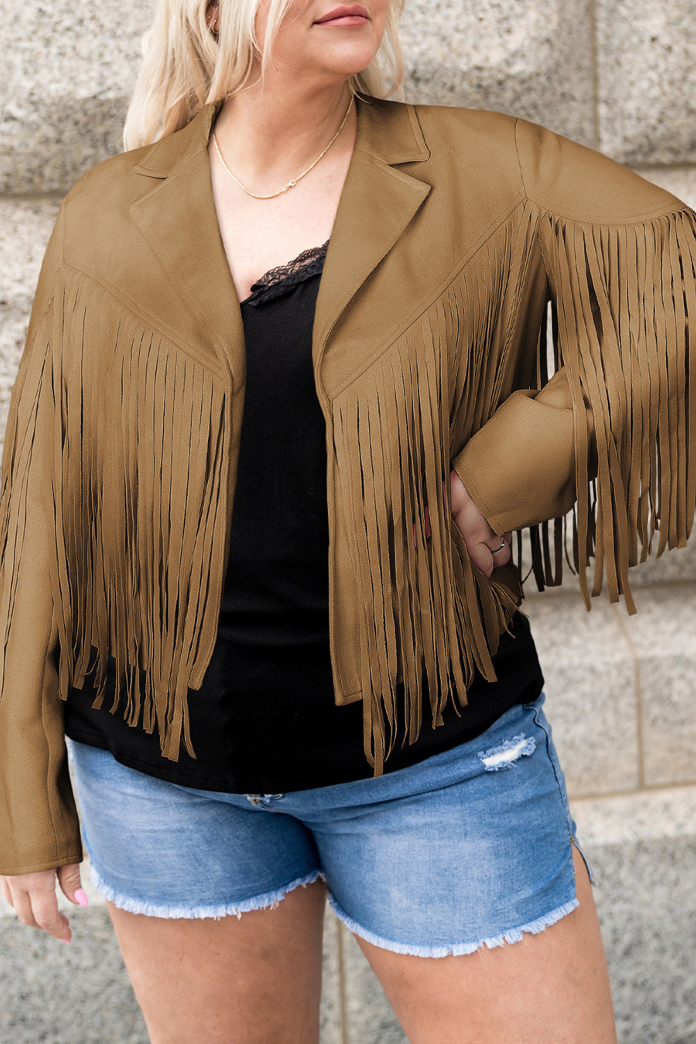 Chaqueta abierta con flecos en talla grande