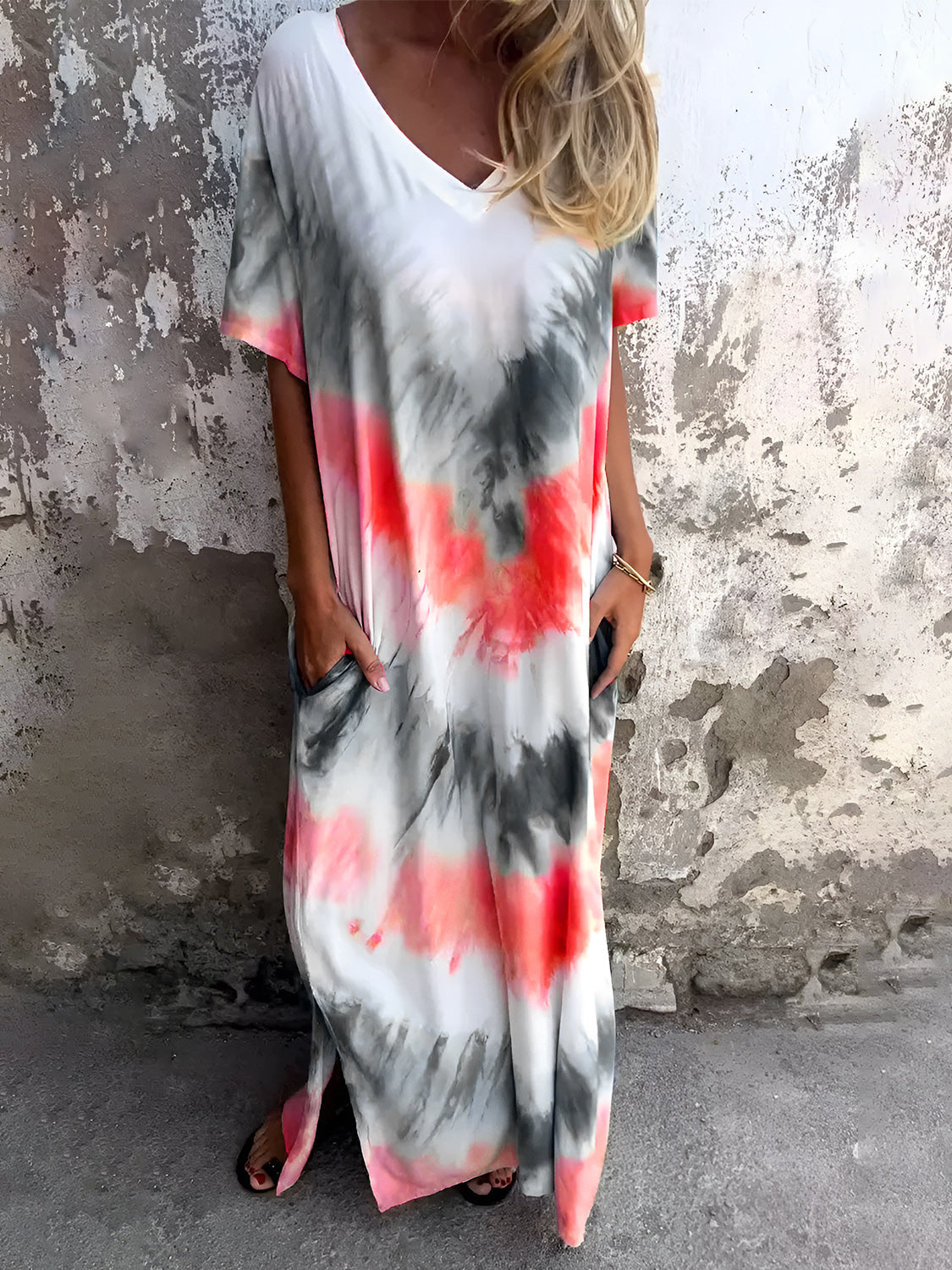 Vestido de manga corta con efecto tie-dye y bolsillos de tamaño completo