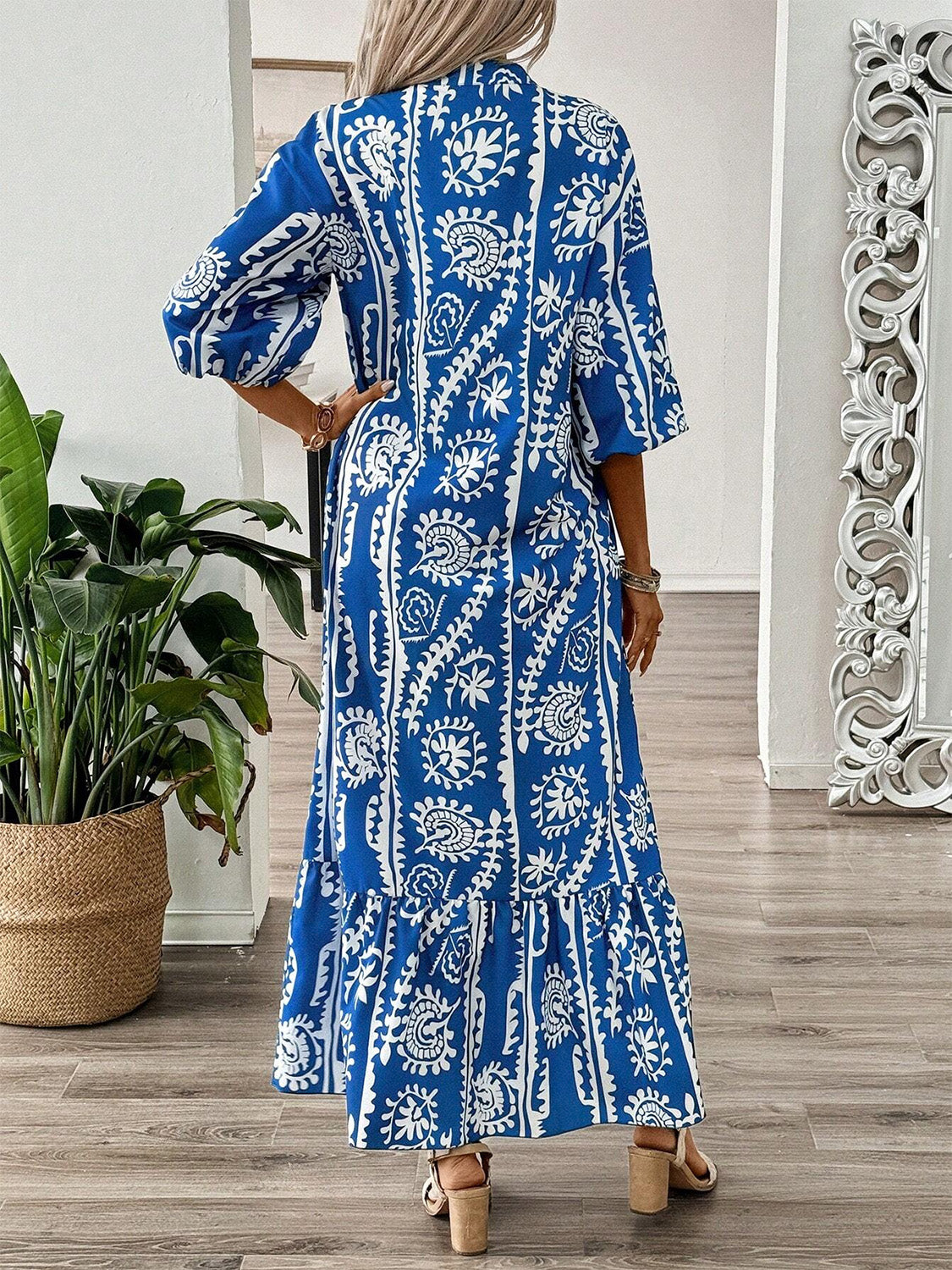 Printed Notched Half Sleeve Maxi Dress