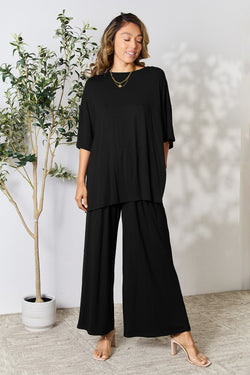 Double Take Full Size Round Neck Slit Top and Pants Set