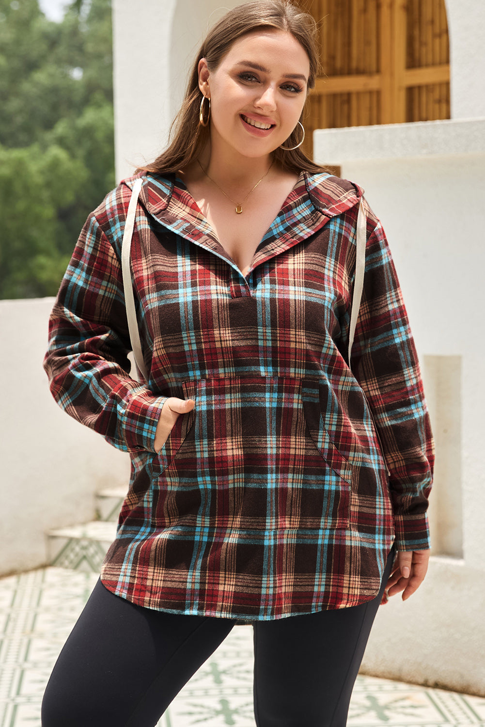 Plus Size Drawstring Plaid Quarter Button Hoodie