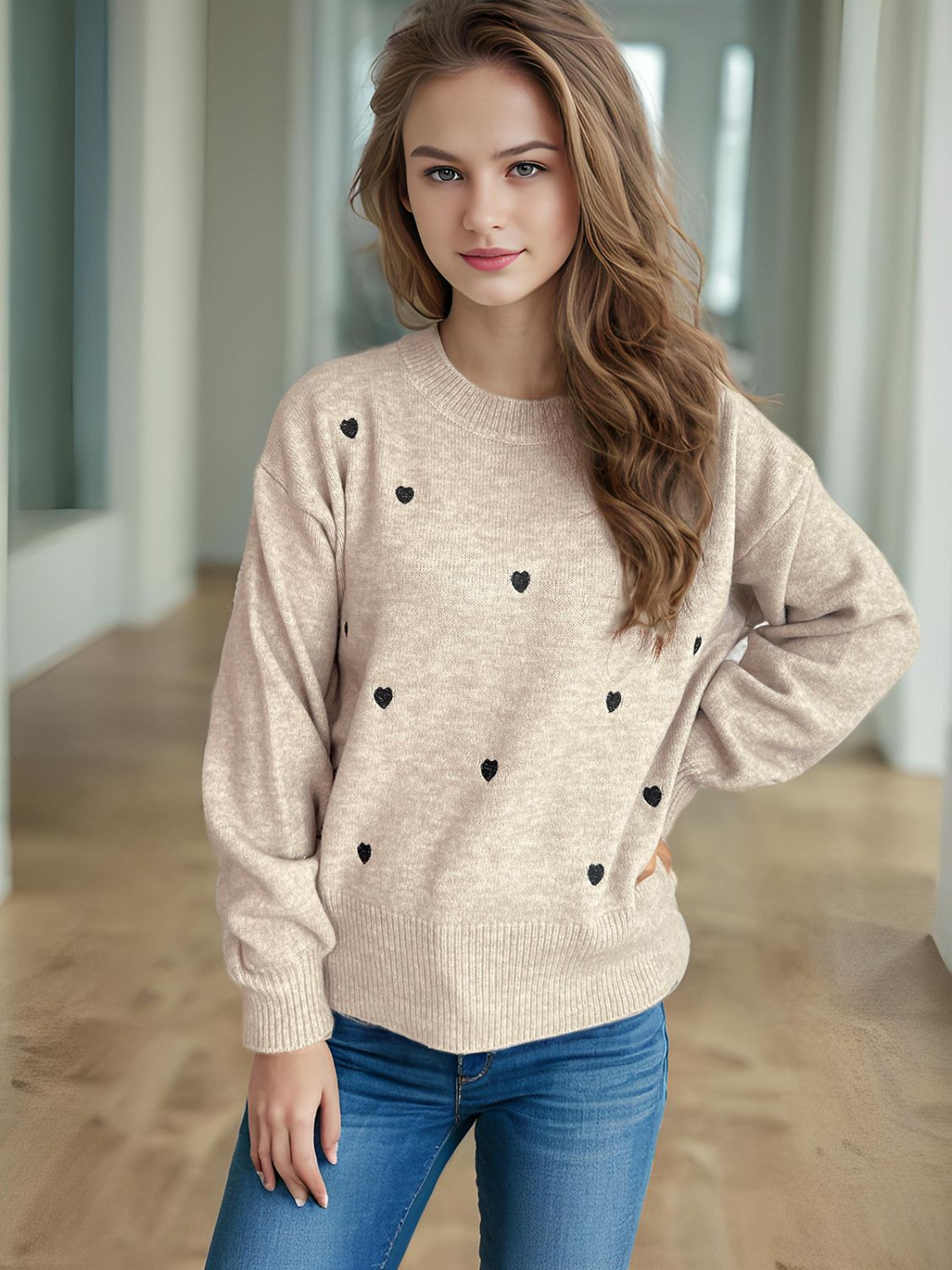 Heart Round Neck Long Sleeve Sweater