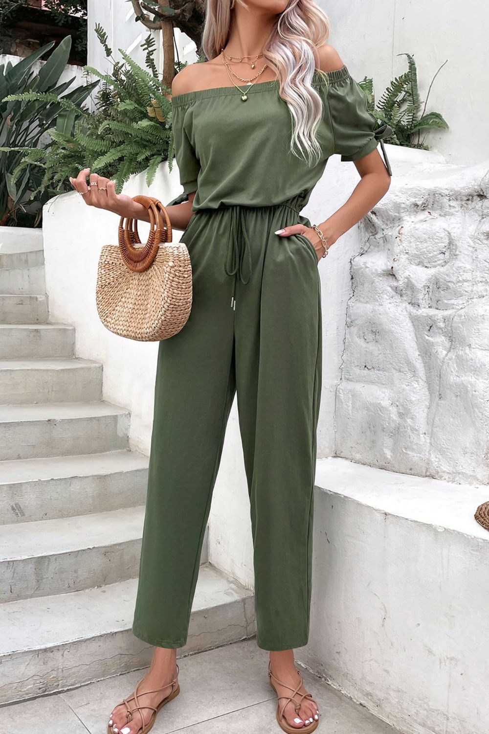 Perfee Off-Shoulder Tie Cuff Jumpsuit with Pockets